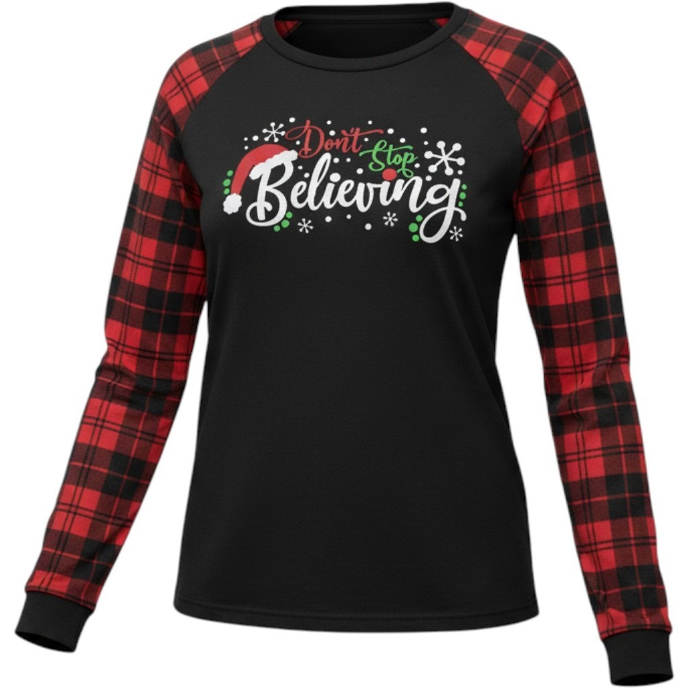 Christmas Graphic Top Red Black Buffalo Plaid Raglan Long Sleeve Large Holiday
